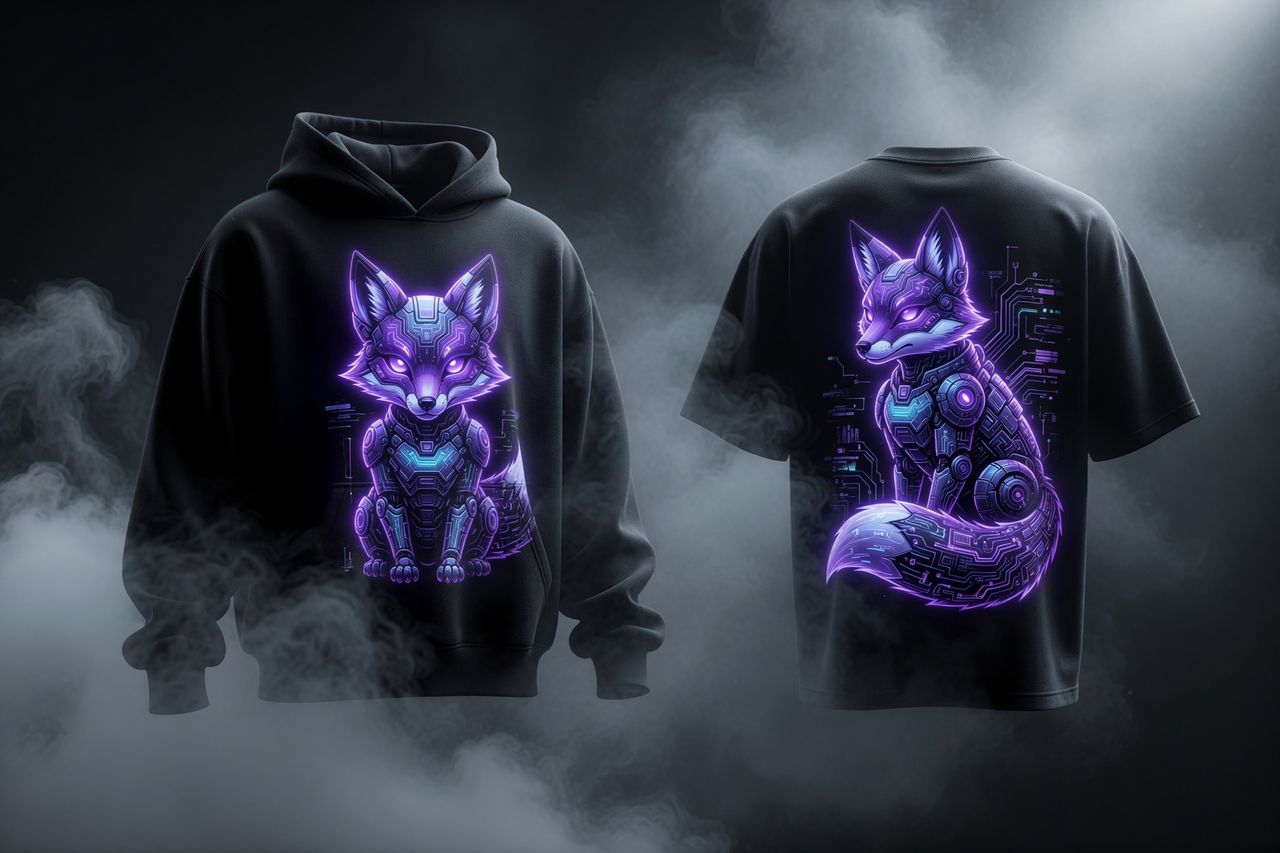 Cybernetic neon fox design on black apparel