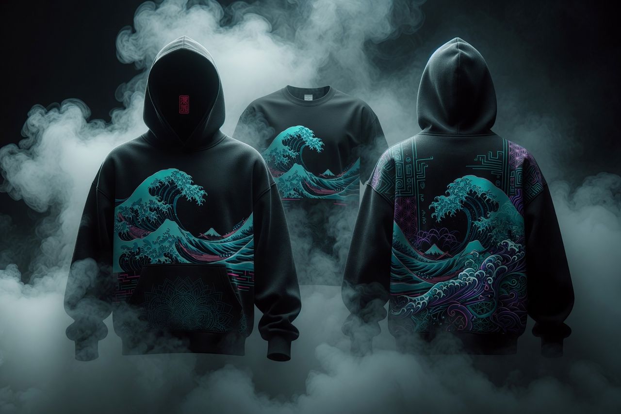 Japanese great wave design in teal and purple on hoodies