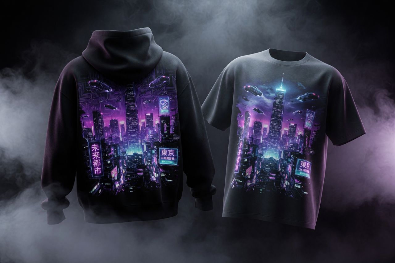 Cyberpunk Tokyo neon cityscape design on black apparel