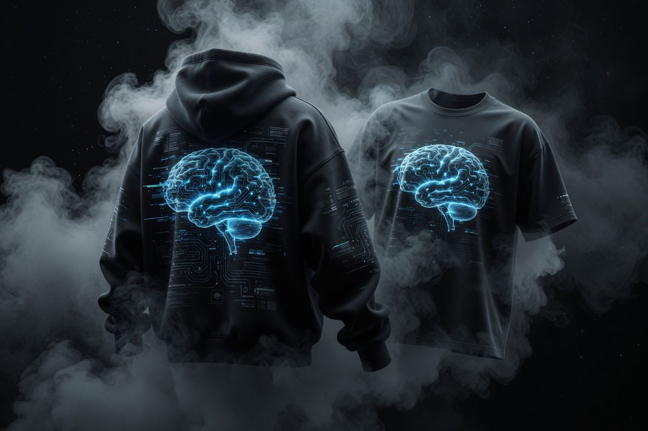 Glowing blue circuit-brain design on a black hoodie and tee