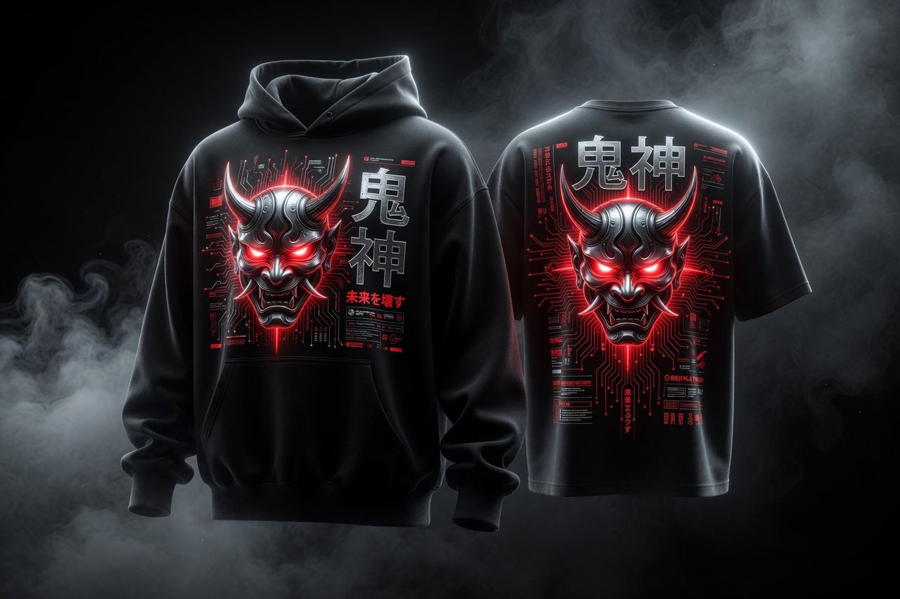 Custom Oni demon cyber design printed across a black hoodie and tee