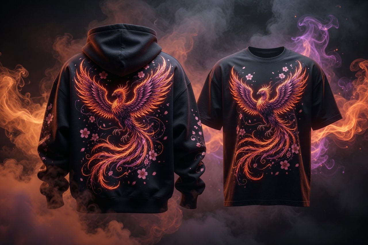 Fiery phoenix design in orange and purple on black apparel