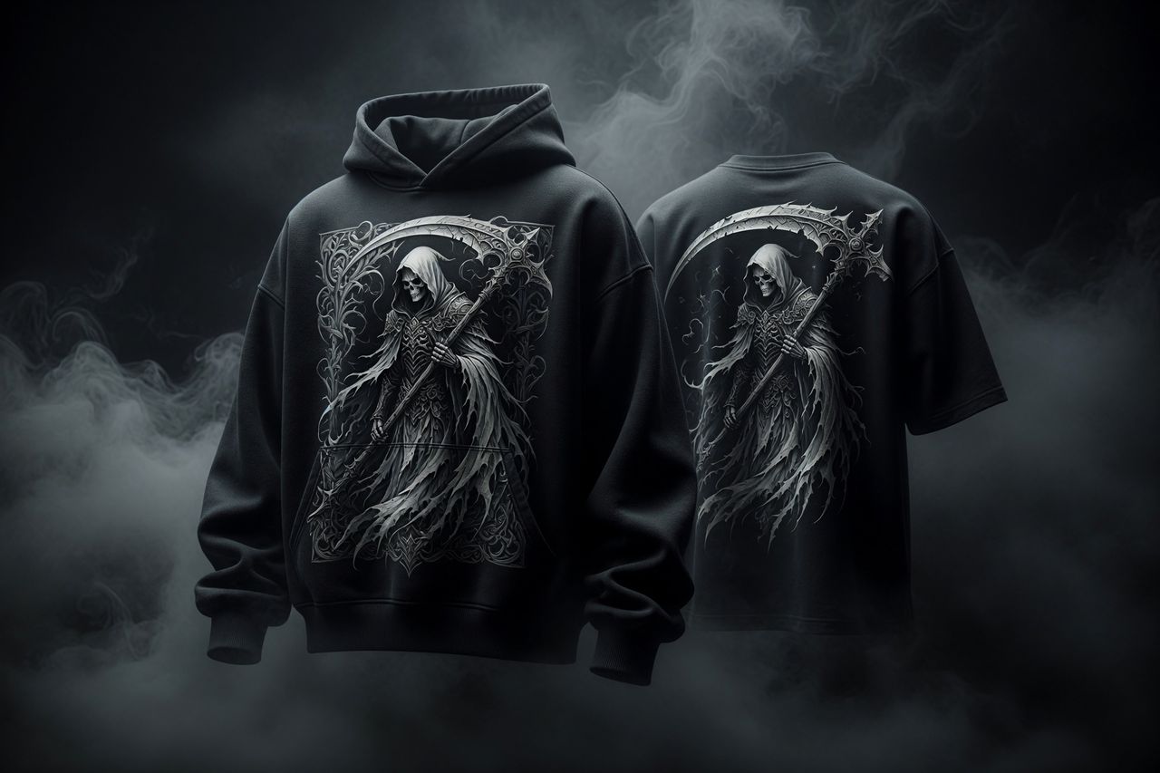 Monochrome grim reaper design on a black hoodie and tee