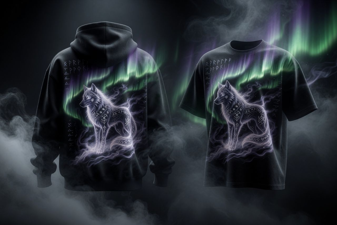 Norse rune wolf design under green aurora on black apparel