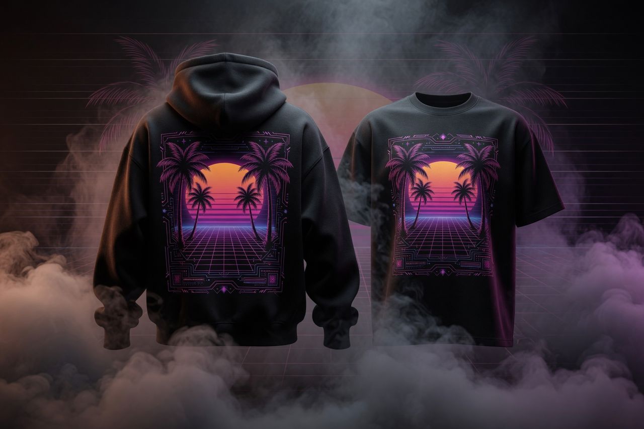 Synthwave palm trees and sunset design on black apparel