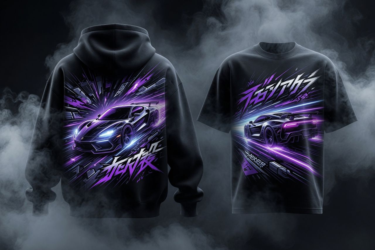 Purple neon supercar design on a black hoodie and tee